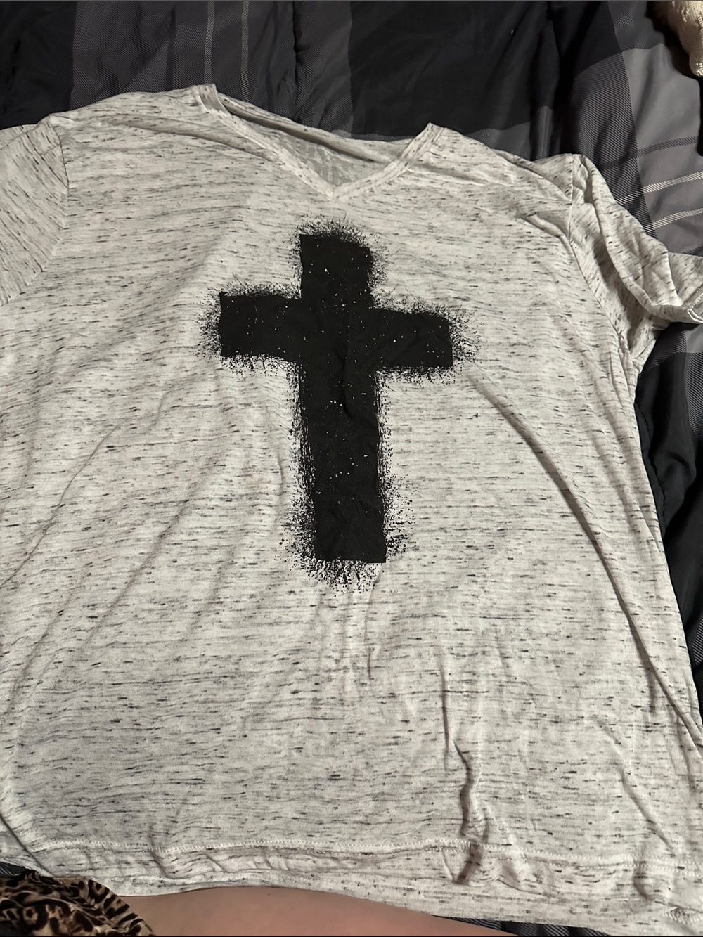 Women’s Light Gray V-Neck Shirt with Black splatter Cross Print